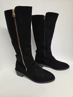 Black Knee-High Faux Suede Heeled Boots with Gold Zipper Size 10/10.5